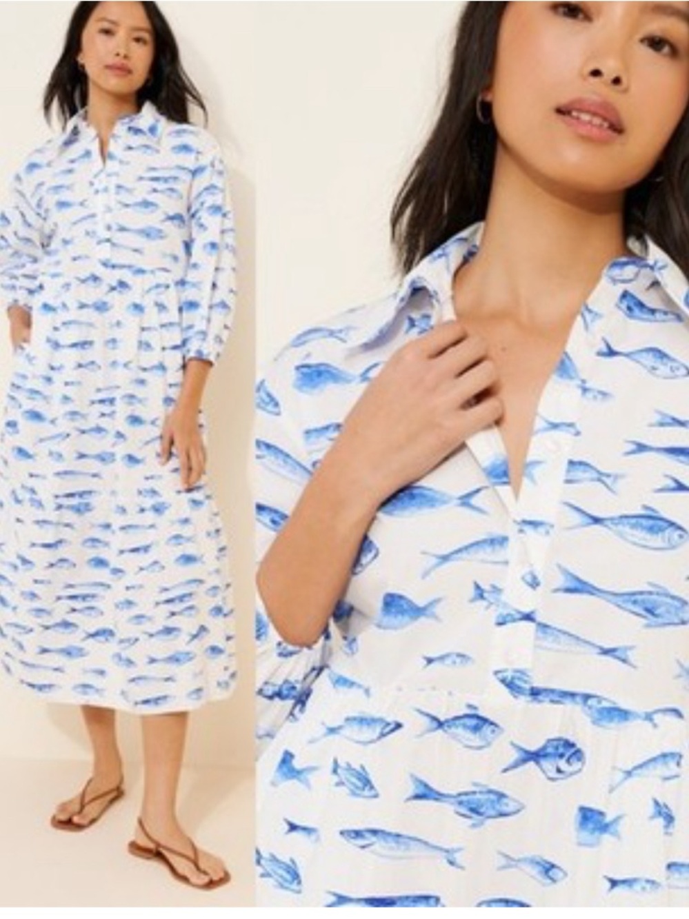Anthropologie White Midi Shirt Dress with Blue Fish Print